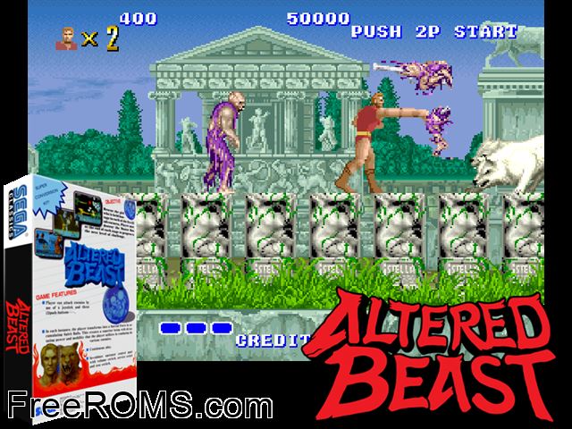 Altered Beast (set 2, MC-8123B 317-0066) MAME game showing 3D box cover and gameplay screenshot