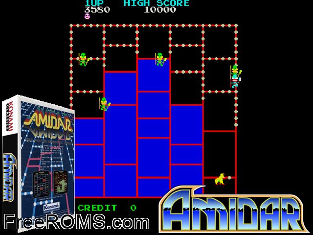 Amidar (Stern) MAME game showing 3D box cover and gameplay screenshot