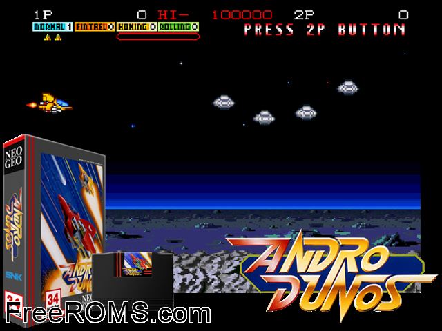 Andro Dunos MAME game showing 3D box cover and gameplay screenshot