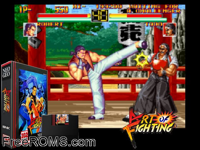 Art of Fighting / Ryuuko no Ken MAME game showing 3D box cover and gameplay screenshot