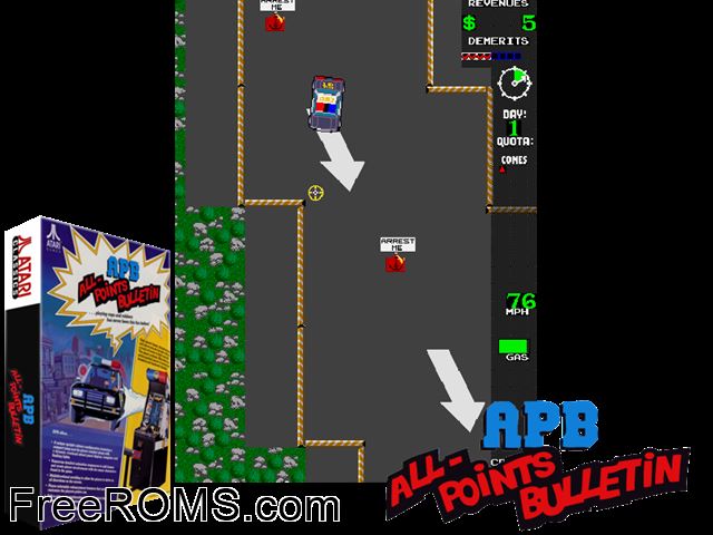 APB - All Points Bulletin (rev 4) MAME game showing 3D box cover and gameplay screenshot