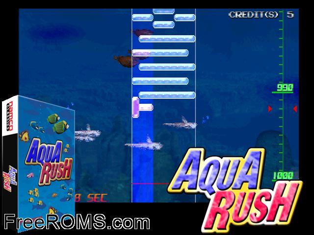 Aqua Rush (AQ1/VER.A1) MAME game showing 3D box cover and gameplay screenshot