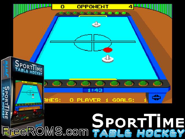 SportTime Table Hockey (Arcadia, V 2.1) MAME game showing 3D box cover and gameplay screenshot