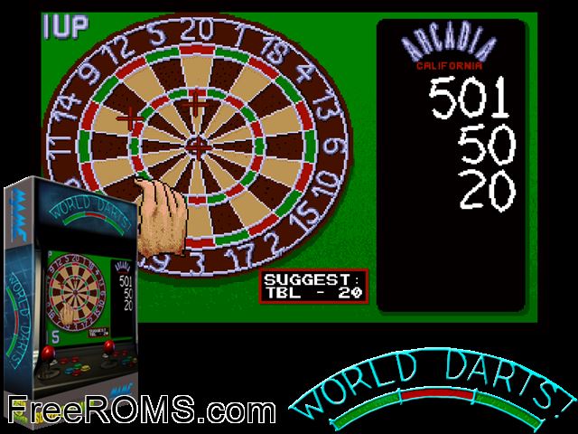 World Darts (Arcadia, V 2.1) MAME game showing 3D box cover and gameplay screenshot