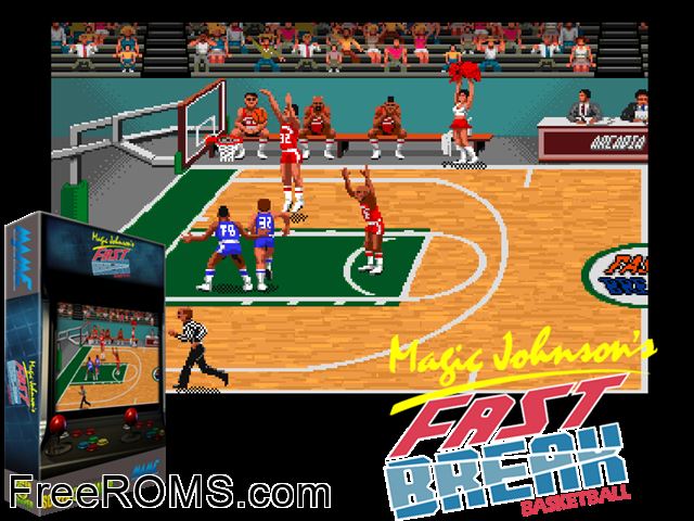 Magic Johnson's Fast Break (Arcadia, V 2.8) MAME game showing 3D box cover and gameplay screenshot
