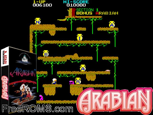 Arabian MAME game showing 3D box cover and gameplay screenshot