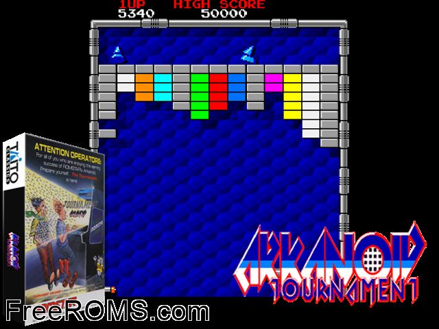 Tournament Arkanoid (US) MAME game showing 3D box cover and gameplay screenshot