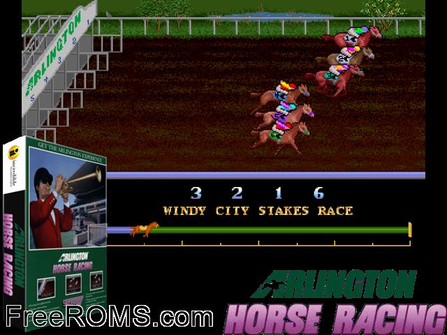 Arlington Horse Racing (v1.21-D) MAME game showing 3D box cover and gameplay screenshot
