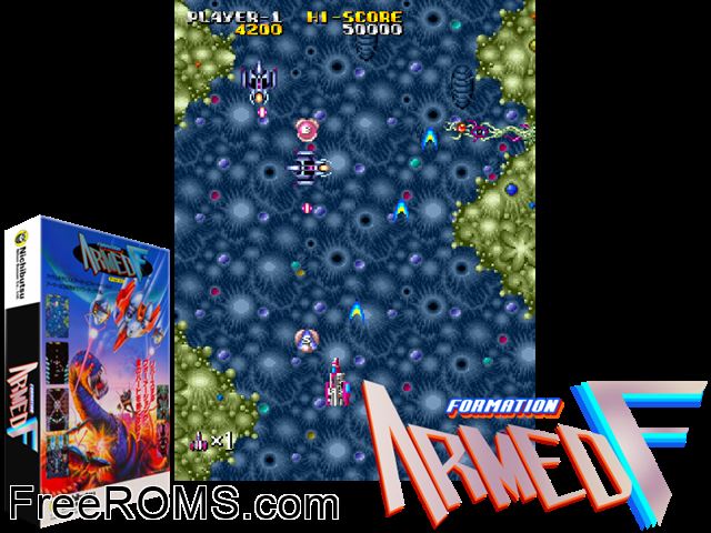 Armed Formation MAME game showing 3D box cover and gameplay screenshot