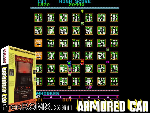 Armored Car (set 2) MAME game showing 3D box cover and gameplay screenshot