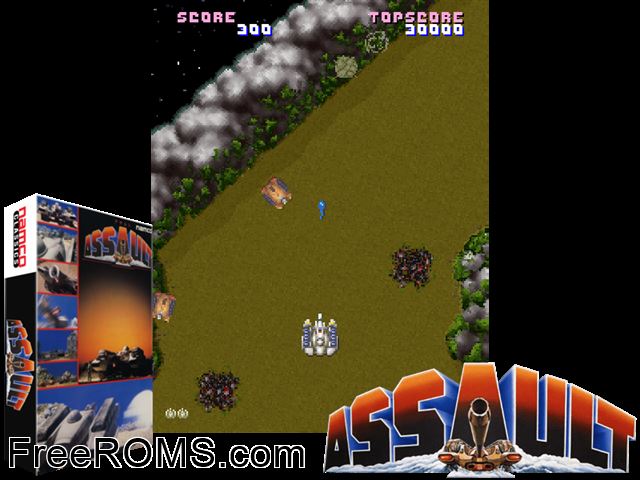 Assault Plus (Japan) MAME game showing 3D box cover and gameplay screenshot
