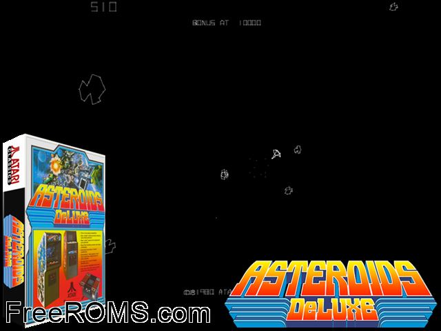 Asteroids Deluxe (rev 2) MAME game showing 3D box cover and gameplay screenshot