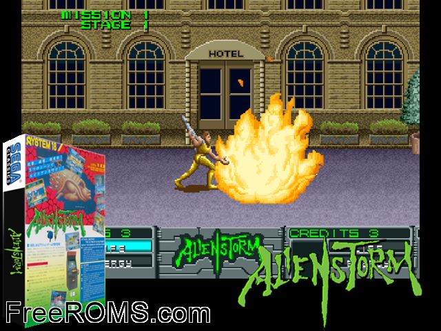 Alien Storm (set 1, Japan, 2 Players, FD1094 317-0146) MAME game showing 3D box cover and gameplay screenshot