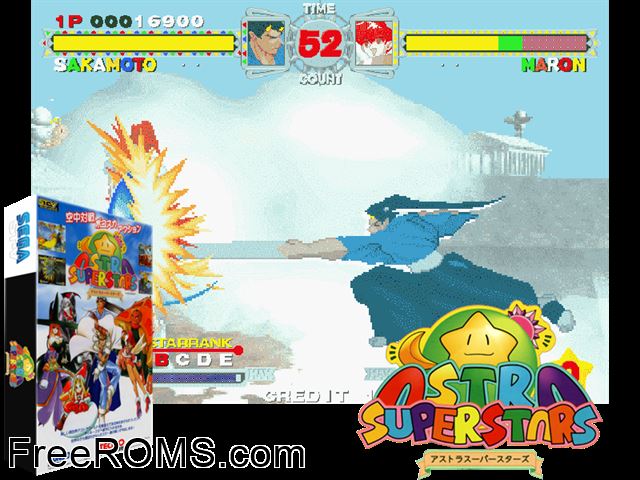 Astra SuperStars (J 980514 V1.002) MAME game showing 3D box cover and gameplay screenshot