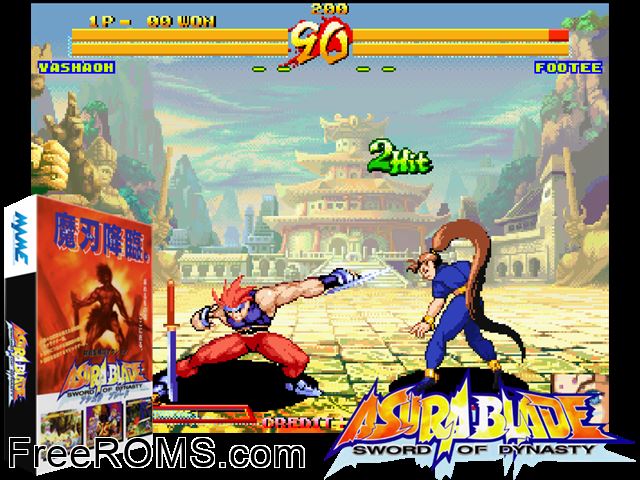 Asura Blade - Sword of Dynasty (Japan) MAME game showing 3D box cover and gameplay screenshot