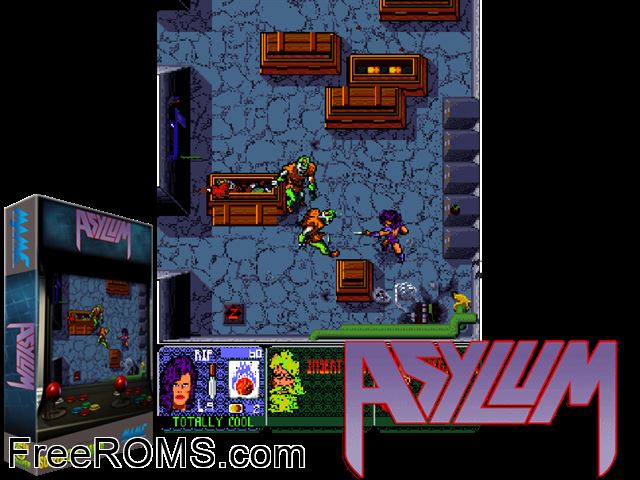Asylum (prototype) MAME game showing 3D box cover and gameplay screenshot