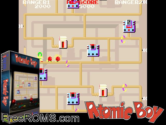 Atomic Boy MAME game showing 3D box cover and gameplay screenshot