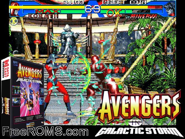 Avengers In Galactic Storm (US) MAME game showing 3D box cover and gameplay screenshot