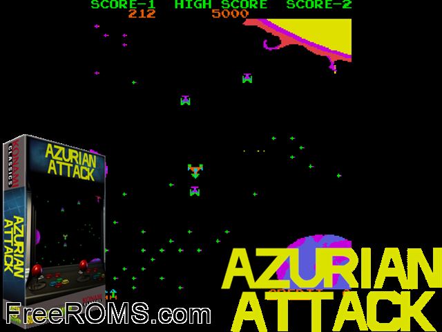 Azurian Attack MAME game showing 3D box cover and gameplay screenshot