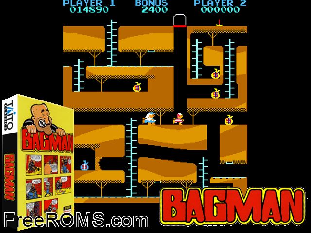 Bagman MAME game showing 3D box cover and gameplay screenshot
