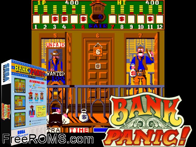 Bank Panic MAME game showing 3D box cover and gameplay screenshot
