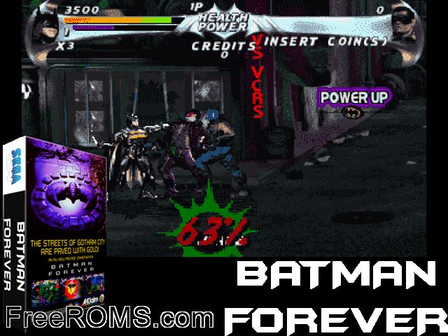 Batman Forever (JUE 960507 V1.000) MAME game showing 3D box cover and gameplay screenshot
