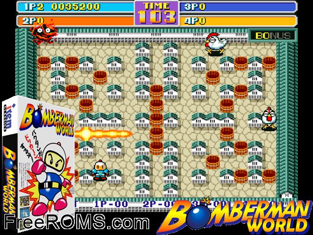 Bomber Man World (Japan) MAME game showing 3D box cover and gameplay screenshot