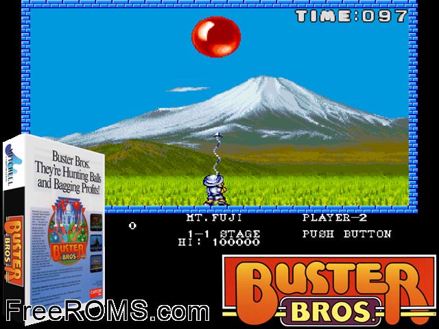 Buster Bros. (US) MAME game showing 3D box cover and gameplay screenshot