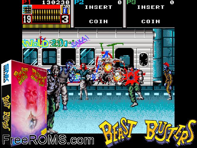 Beast Busters (World ?) MAME game showing 3D box cover and gameplay screenshot