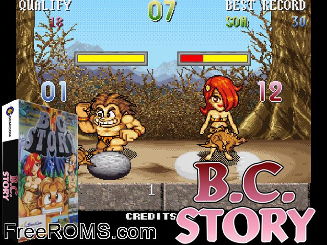 B.C. Story (set 1) MAME game showing 3D box cover and gameplay screenshot