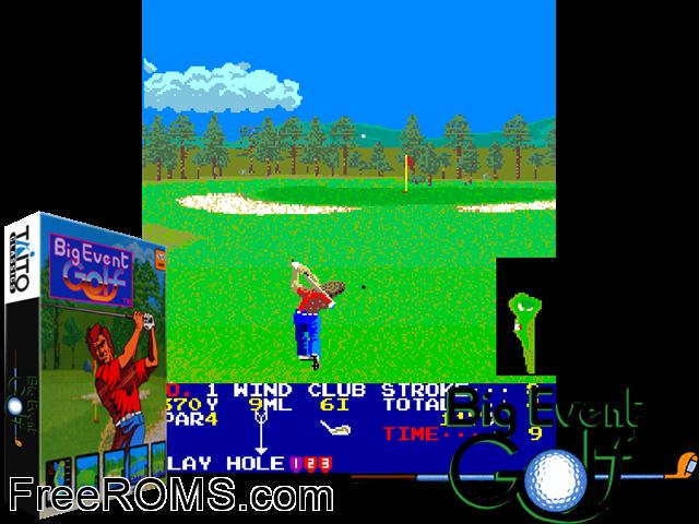 Big Event Golf MAME game showing 3D box cover and gameplay screenshot