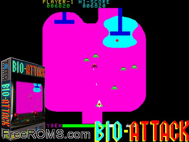 Bio Attack MAME game showing 3D box cover and gameplay screenshot