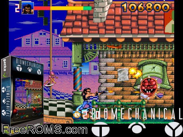 Biomechanical Toy (unprotected) MAME game showing 3D box cover and gameplay screenshot