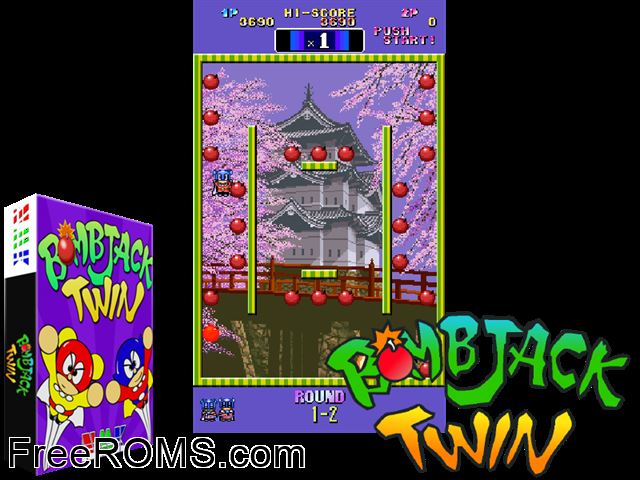 Bombjack Twin MAME game showing 3D box cover and gameplay screenshot