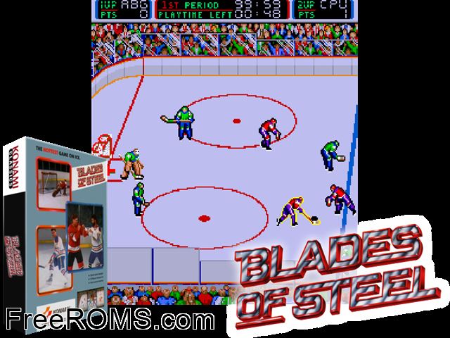Blades of Steel (version E) MAME game showing 3D box cover and gameplay screenshot