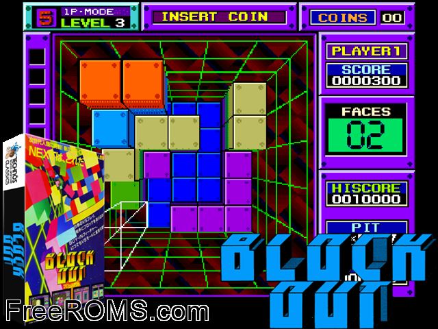 Block Out (Japan) MAME game showing 3D box cover and gameplay screenshot
