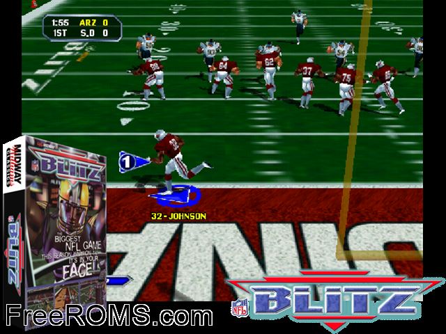 NFL Blitz (boot ROM 1.1) MAME game showing 3D box cover and gameplay screenshot