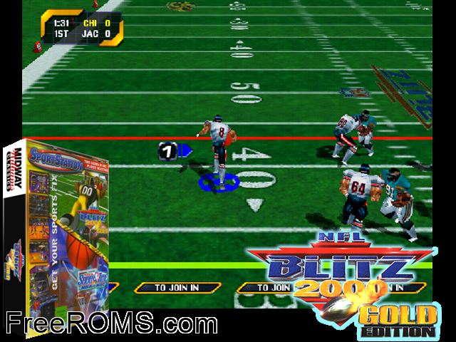 NFL Blitz 2000 Gold Edition MAME game showing 3D box cover and gameplay screenshot