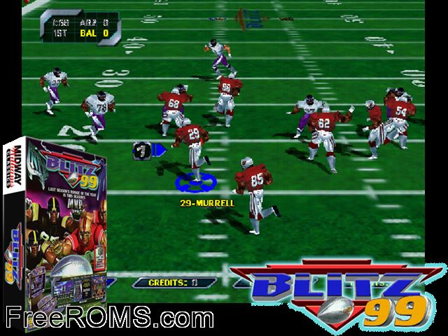 NFL Blitz '99 MAME game showing 3D box cover and gameplay screenshot
