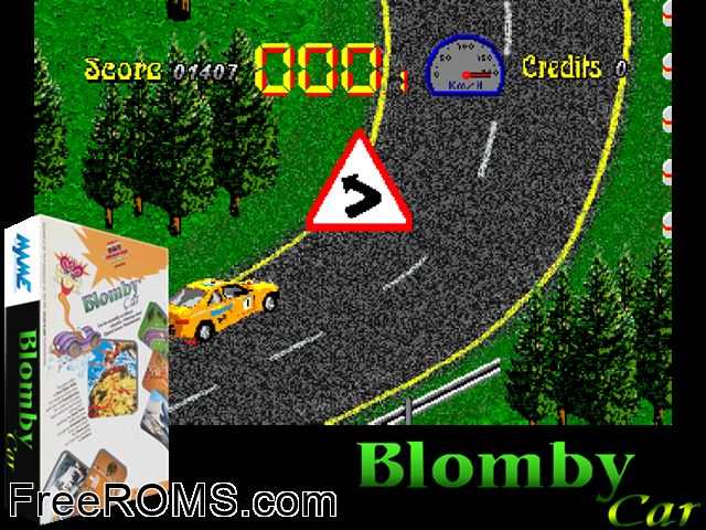 Blomby Car MAME game showing 3D box cover and gameplay screenshot