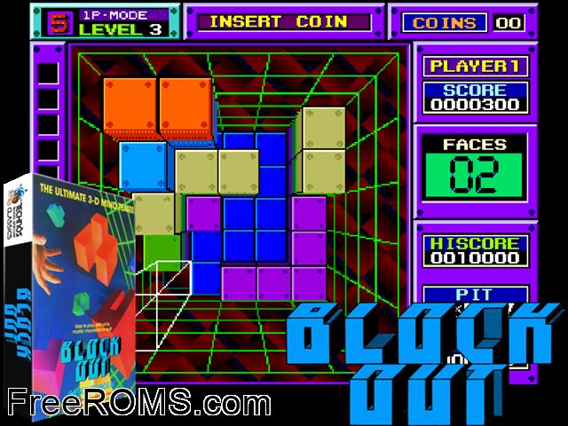Block Out (set 1) MAME game showing 3D box cover and gameplay screenshot