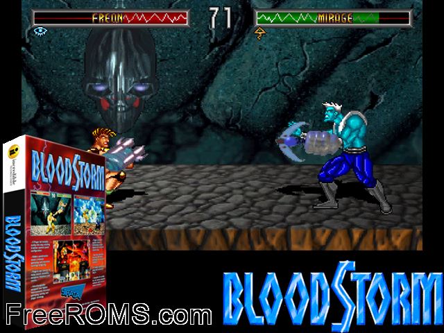 Blood Storm (v2.20) MAME game showing 3D box cover and gameplay screenshot