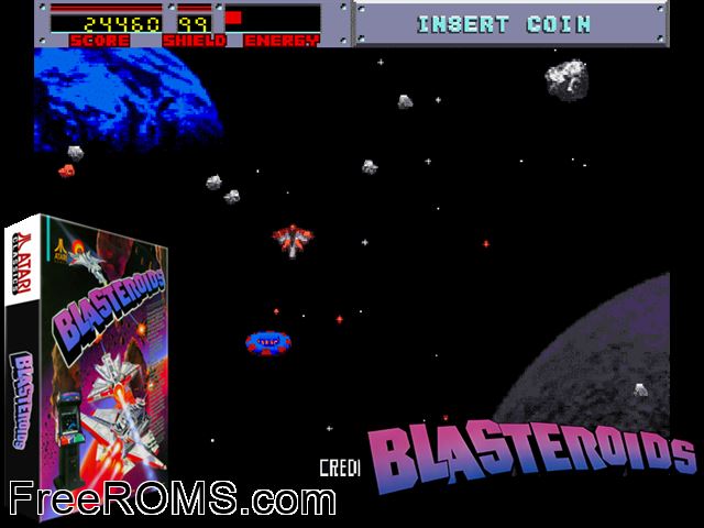 Blasteroids (rev 4) MAME game showing 3D box cover and gameplay screenshot