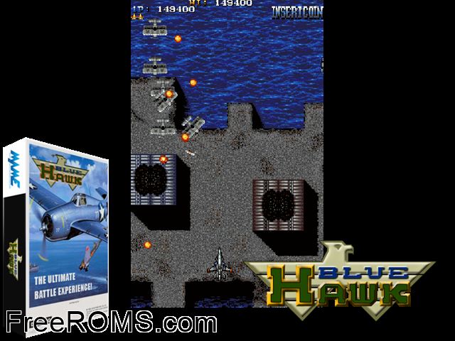 Blue Hawk MAME game showing 3D box cover and gameplay screenshot