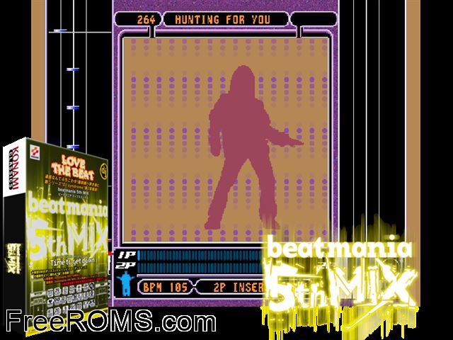 beatmania 5th MIX (ver JA-A) MAME game showing 3D box cover and gameplay screenshot