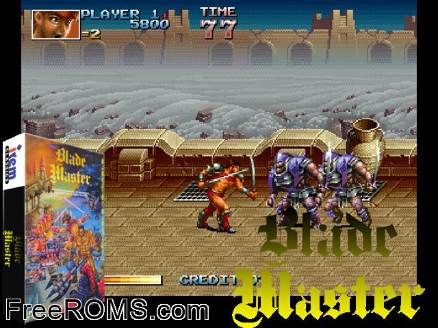 Blade Master (World) MAME game showing 3D box cover and gameplay screenshot