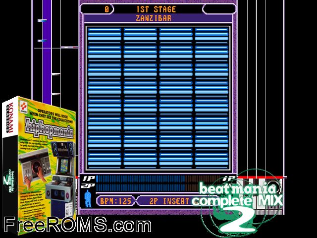 beatmania complete MIX 2 (ver JA-A) MAME game showing 3D box cover and gameplay screenshot