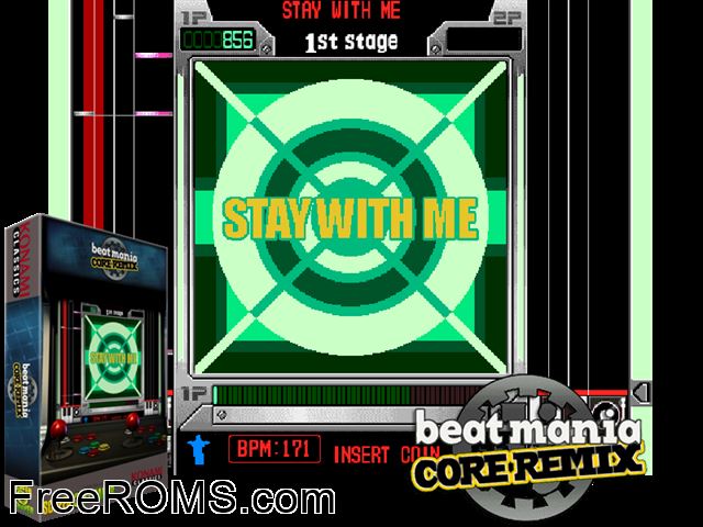 beatmania CORE REMIX (ver JA-A) MAME game showing 3D box cover and gameplay screenshot