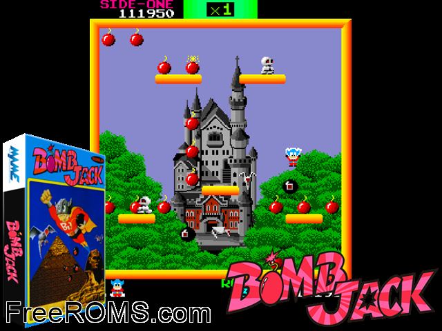 Bomb Jack (set 1) MAME game showing 3D box cover and gameplay screenshot