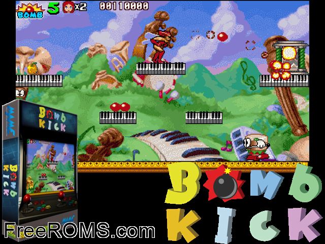 Bomb Kick MAME game showing 3D box cover and gameplay screenshot